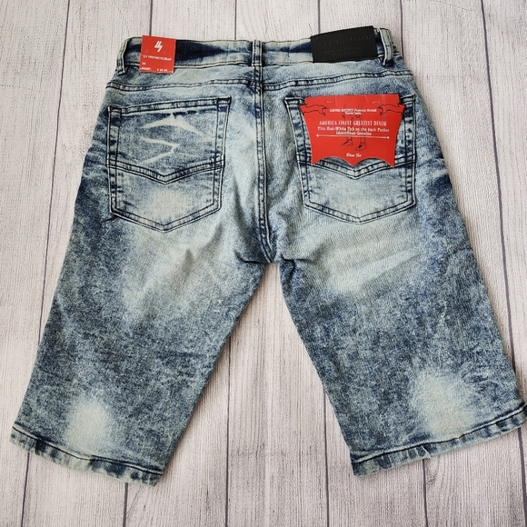 Skinny Fit Distressed Blue Wash Denim Shorts - Picture 11 of 15